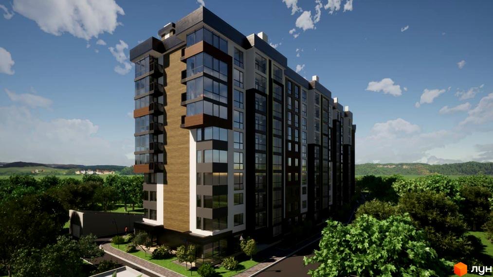 Житловий комплекс Deluxe House - сучасна багатоповерхова новобудова з панорамними вікнами та балконами, оточена зеленою зоною та доглянутою прибудинковою територією.