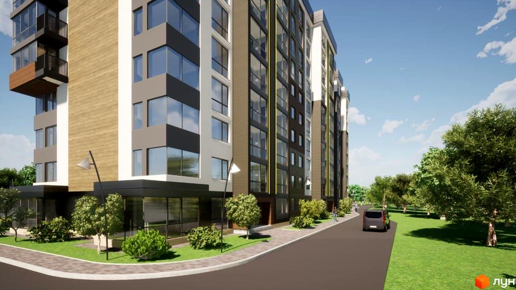 Зовнішній вигляд новобудови ЖК Deluxe House з панорамними вікнами та балконами. Навколо будинку розташовані зелені насадження та доглянута прибудинкова територія.