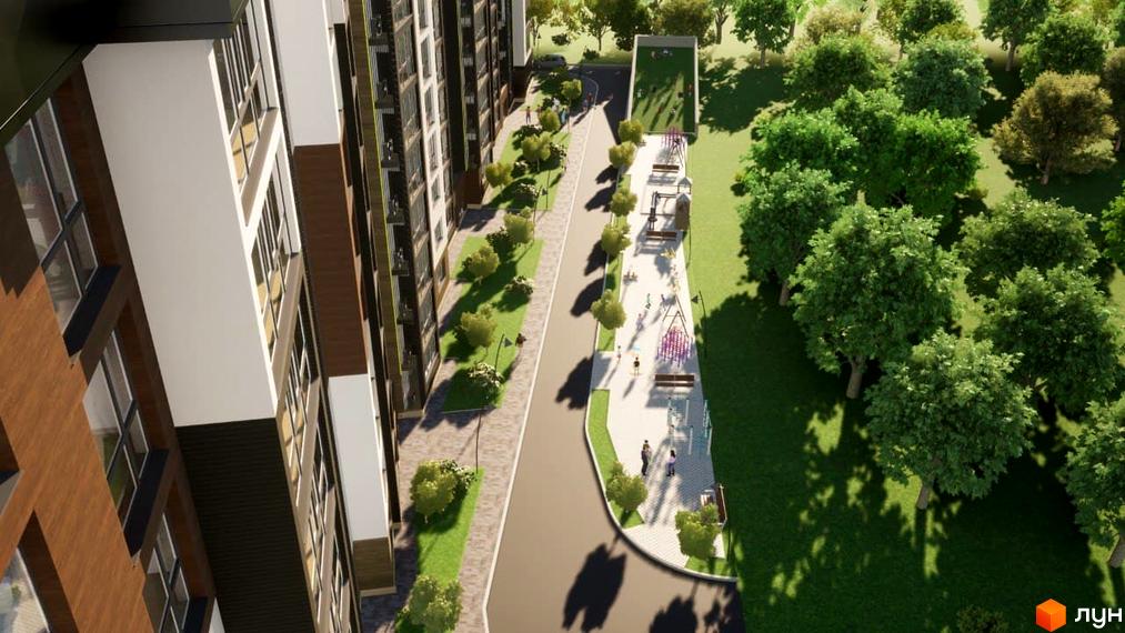 Житловий комплекс Deluxe House: будинок з коричневими та білими фасадами. Прибудинкова територія з алеєю, дитячим майданчиком та зеленими насадженнями.