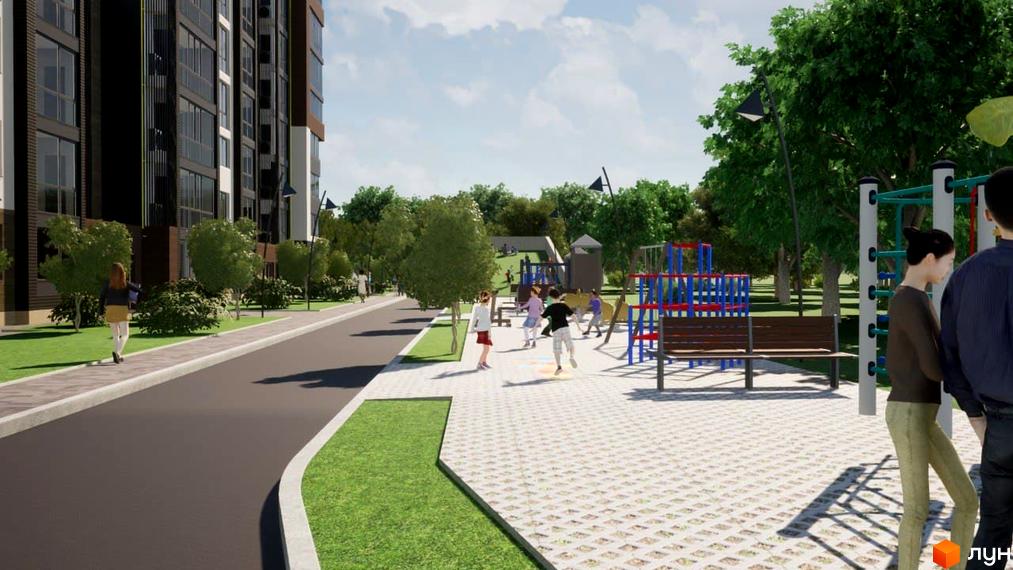 Житловий комплекс Deluxe House з дитячим майданчиком та зоною відпочинку. Сучасна архітектура та зелена прибудинкова територія.