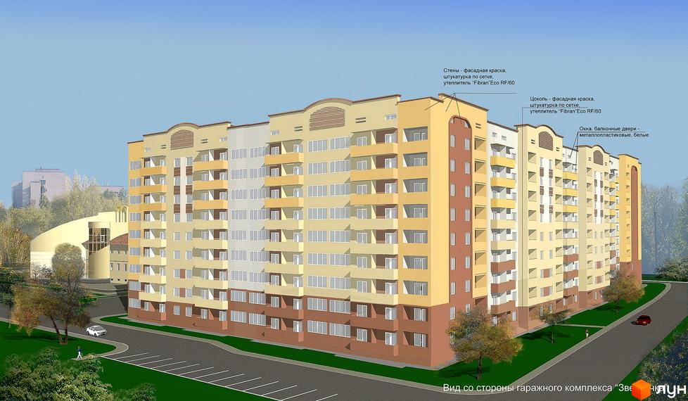 Зовнішній вигляд житлового комплексу Молодіжне містечко з парковою територією та автомобільними доріжками.