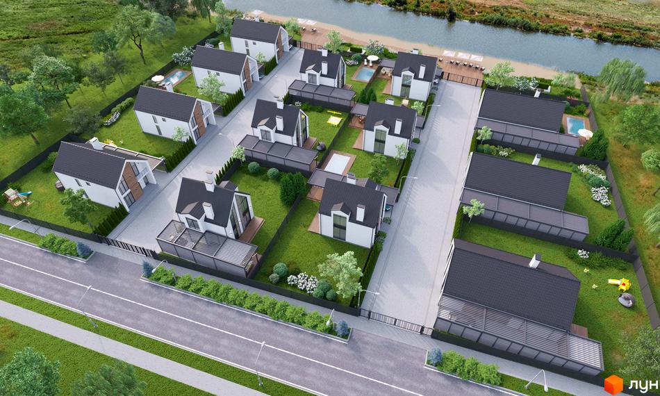 Вигляд котеджів з темними дахами та білими стінами в Котеджному містечку RiverSky. Навколо будинків зелені газони, дерева та басейн.