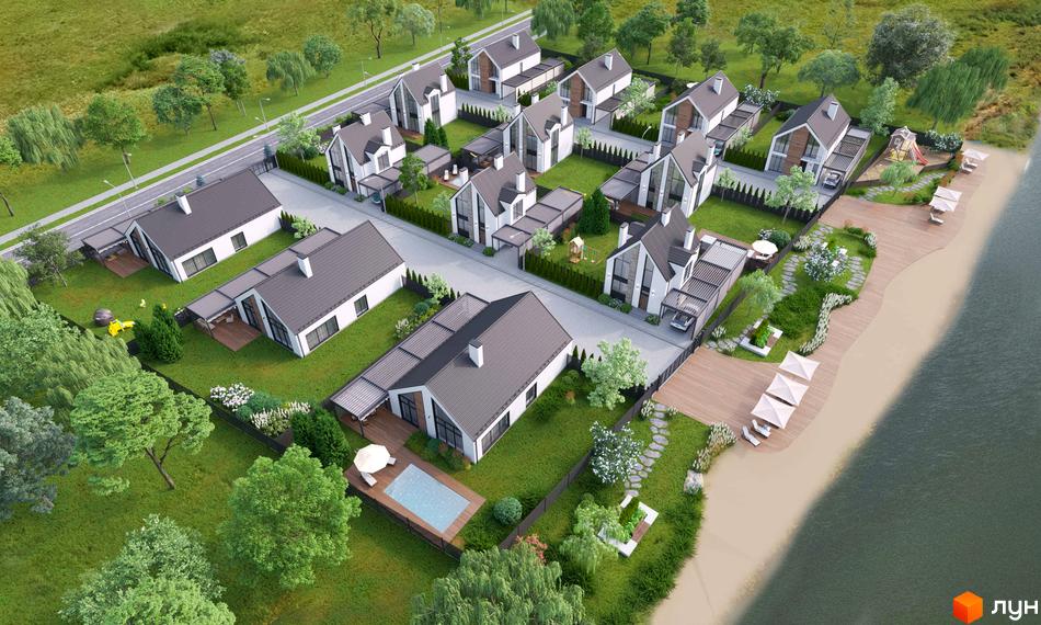 Вигляд на Котеджне містечко RiverSky: котеджі з сірими дахами та великими вікнами, зелені газони, басейн і пляж. Все для комфортного життя за містом.