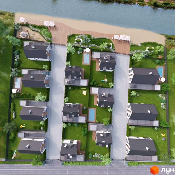 Котеджне містечко RiverSky з окремими будинками з темними дахами та власними басейнами, розташоване біля річки. На території є зелені газони, дерева та дитячий майданчик.