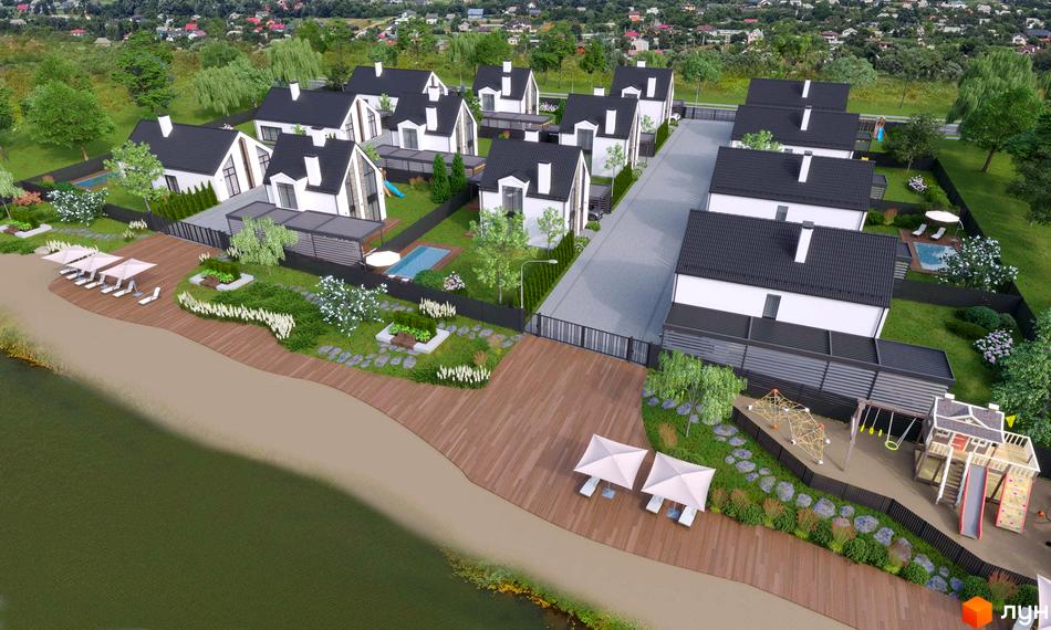 Котеджне містечко RiverSky з білими будинками з темними дахами, терасами та басейнами на березі річки, з дитячим майданчиком.
