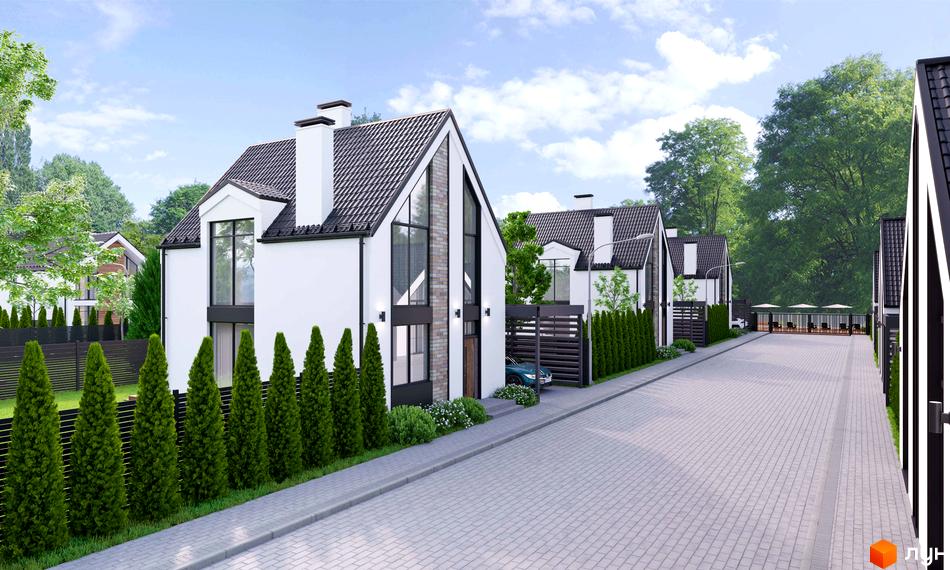 Зображення Котеджного містечка RiverSky: білі будинки з темними дахами, зелені насадження вздовж дороги, бруківка.