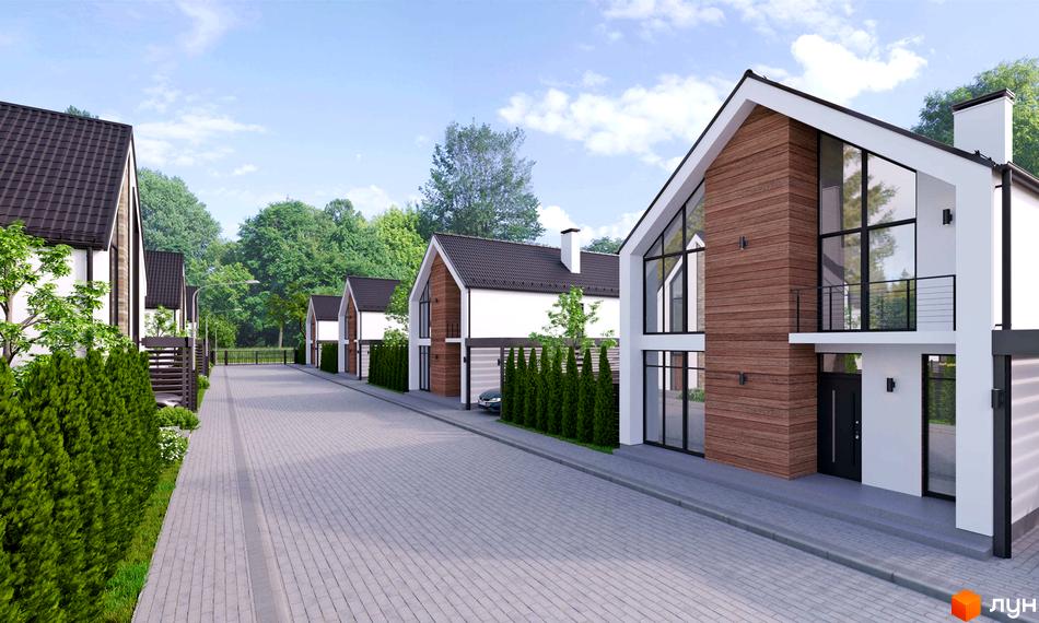 Котеджний комплекс RiverSky: ряд будинків з білими стінами, коричневим деревом та великими вікнами, розташовані вздовж вимощеної вулиці з зеленими насадженнями.