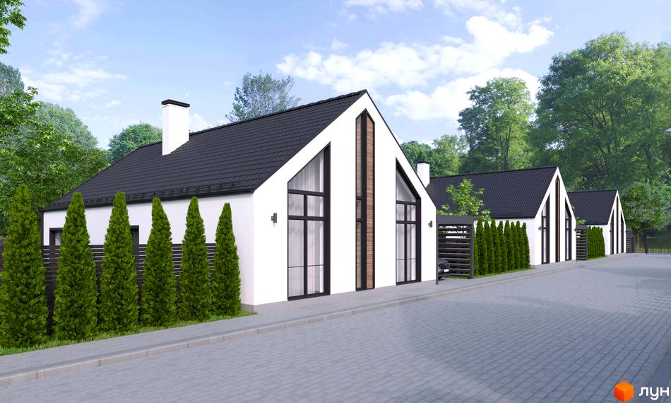 Білі будинки з чорними дахами в КМ RiverSky. Перед будинками зелені дерева та доріжка з бруківки, на задньому плані дерева.