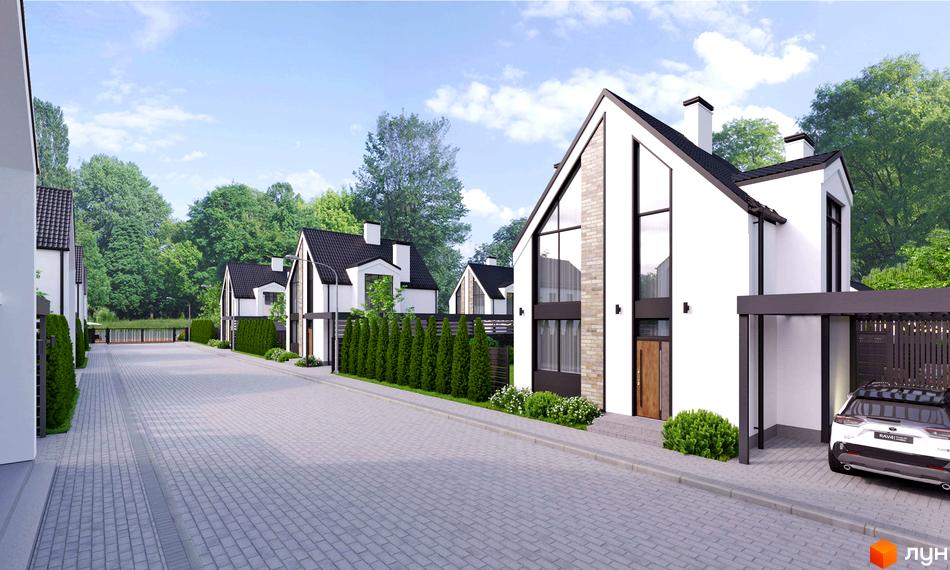 Зображення Котеджного містечка RiverSky з будинками з великими вікнами та чорними дахами. Навколо будинків зелені насадження.