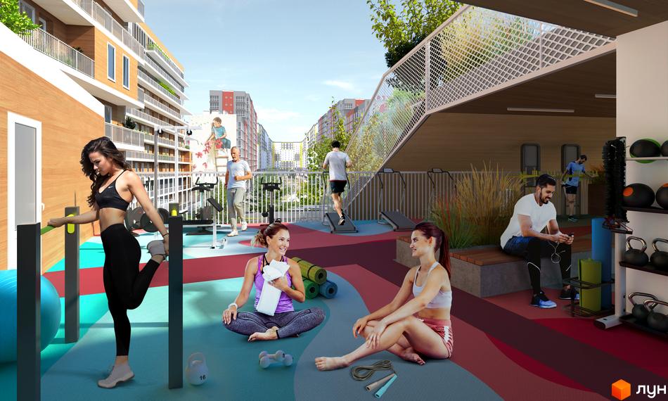 Житлове містечко ARTVILLE: багатоповерхові будинки з балконами та облаштована відкрита фітнес-зона з тренажерами для активного відпочинку.