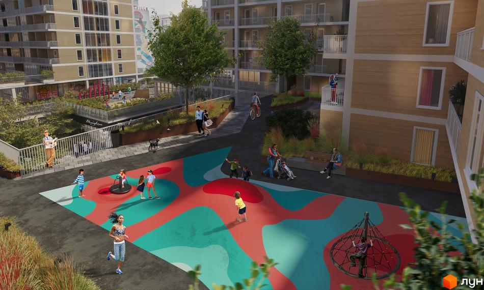 Житловий комплекс ARTVILLE з яскравим дитячим майданчиком та зонами відпочинку. Сучасна архітектура будівель та зелені насадження на території.