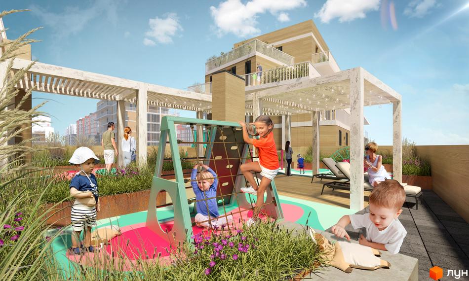 Житловий комплекс ARTVILLE: дитячий майданчик на даху з дітьми, що граються, та зонами відпочинку. Сучасна архітектура та зелені насадження.