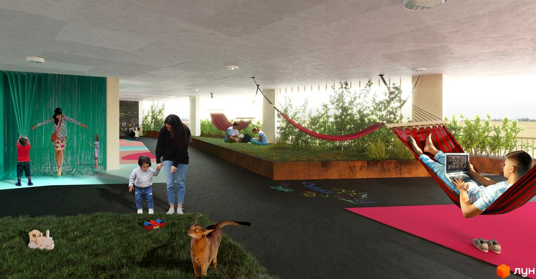 Зона відпочинку Житлового містечка ARTVILLE з ігровими просторами для дітей, гамаками та зеленими зонами для комфортного дозвілля.