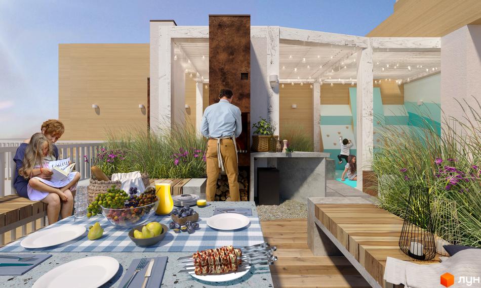 ARTVILLE - сімейний відпочинок на терасі з барбекю та зоною для дітей. Сучасний житловий комплекс з відкритою терасою, зоною для барбекю та дитячим майданчиком.