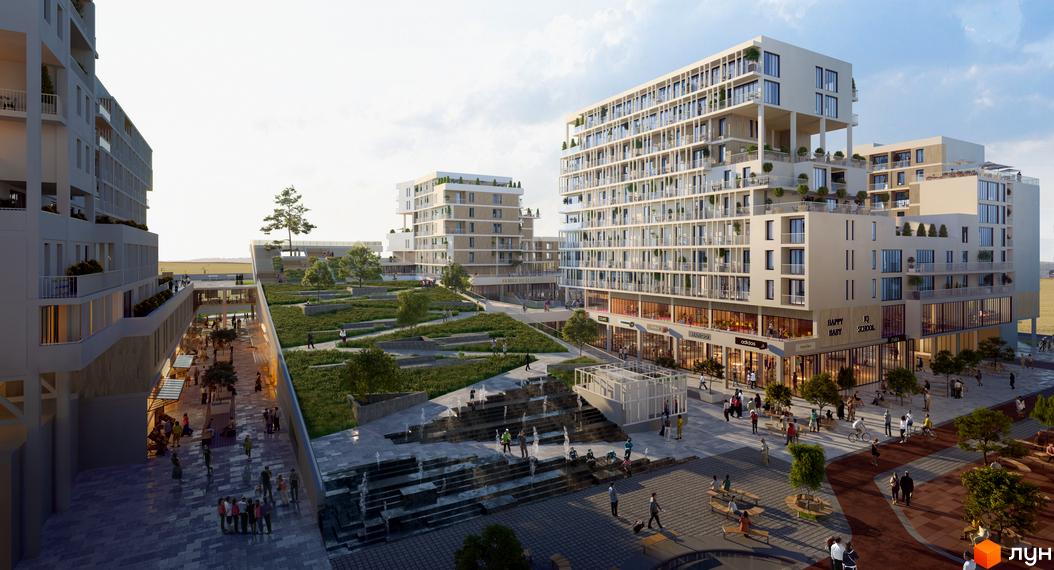 Житлове містечко ARTVILLE: багатоповерхові будинки з балконами та комерційними приміщеннями, прибудинкова територія з терасованими зеленими зонами та фонтанами.