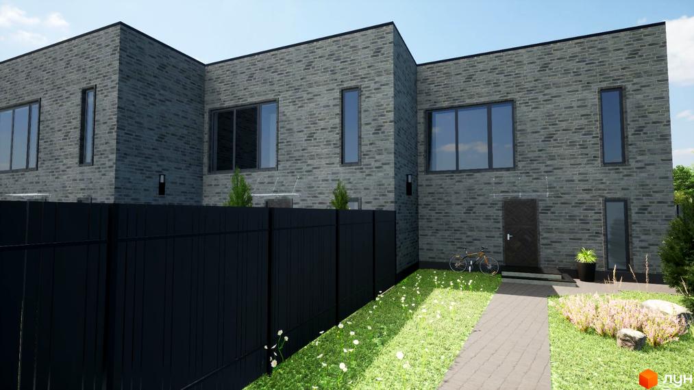 Зображення фасаду будинку Grey House з сірої цегли. Перед будинком розташована доріжка з бруківки, газон з квітами та огорожа.