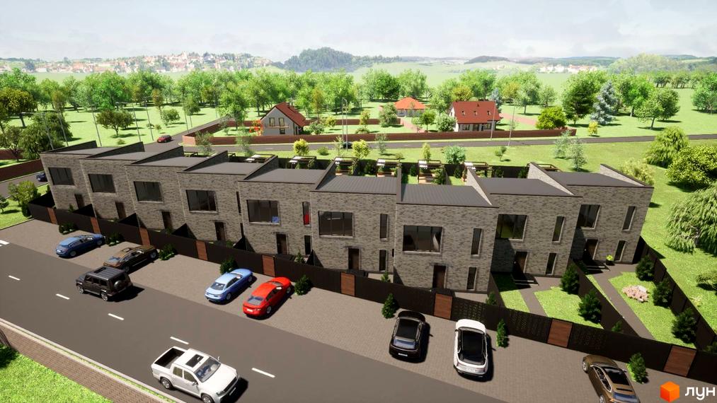 Зображення таунхаусів Grey House з сірого цегли. Навколо будинків зелена прибудинкова територія та парковка для автомобілів.