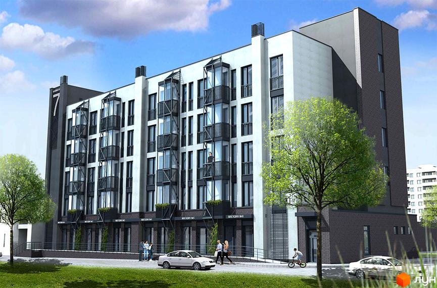 Зображення будинку в Житловому комплексі City Garden. Багатоповерхова будівля з балконами та великими вікнами, поруч зелені насадження.