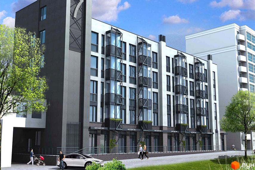 Зображення фасаду будинку житлового комплексу City Garden з балконами та магазинами на першому поверсі, поруч зелені насадження та прибудинкова територія.