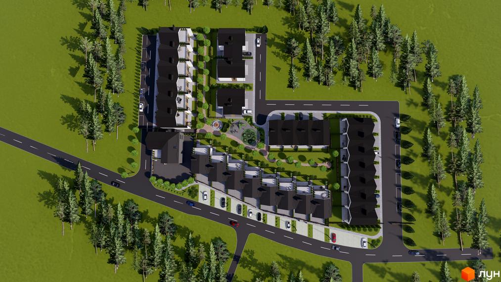Котеджне містечко КМ GREEN WALL з чорними дахами та білими фасадами, оточене деревами, з доглянутою прибудинковою територією та парковкою.