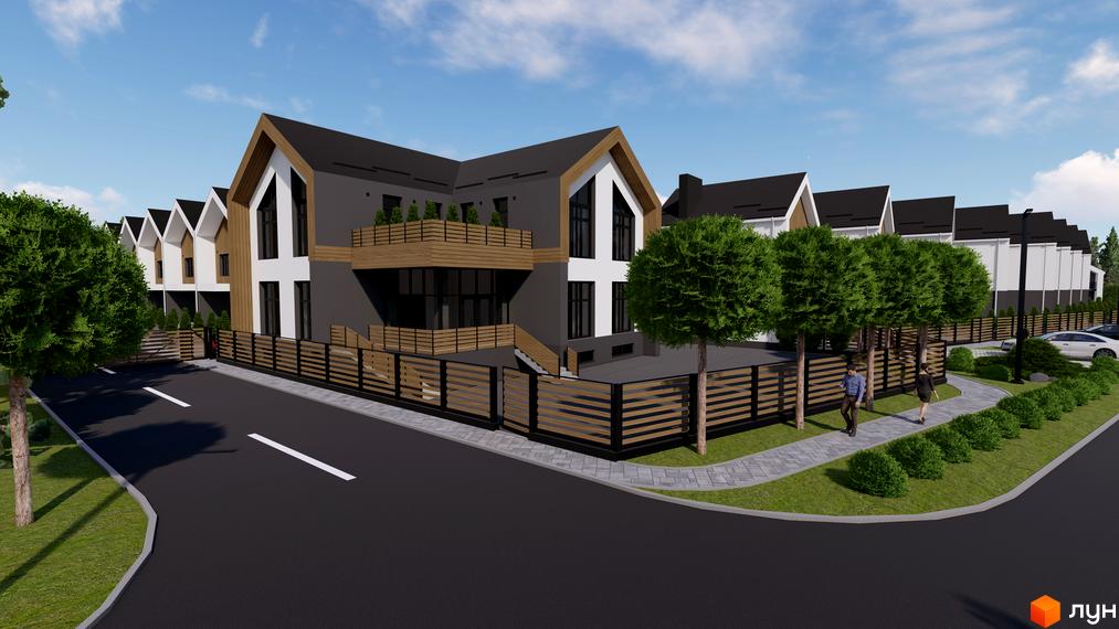 Котеджне містечко КМ GREEN WALL з сучасними будинками та доглянутою прибудинковою територією з деревами та пішохідними доріжками.