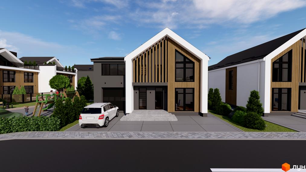Котеджне містечко КМ GREEN WALL: фасади будинків з дерев'яними елементами та великими вікнами, поруч дитячий майданчик та авто.