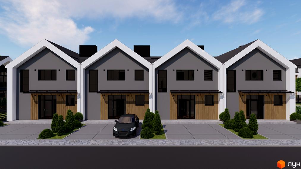 Котеджне містечко КМ GREEN WALL. Сучасні таунхауси сірого кольору з дерев'яними елементами фасаду та доглянутою прибудинковою територією.