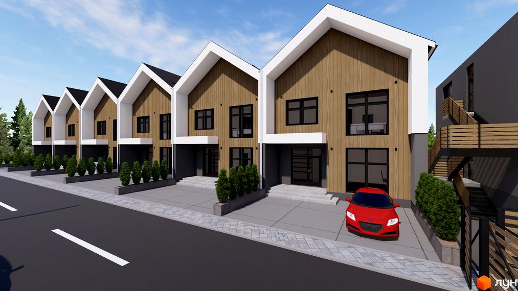 Котеджне містечко GREEN WALL: фасади з дерев'яною обшивкою та білими елементами, прибудинкова територія з зеленими насадженнями та дорогою.