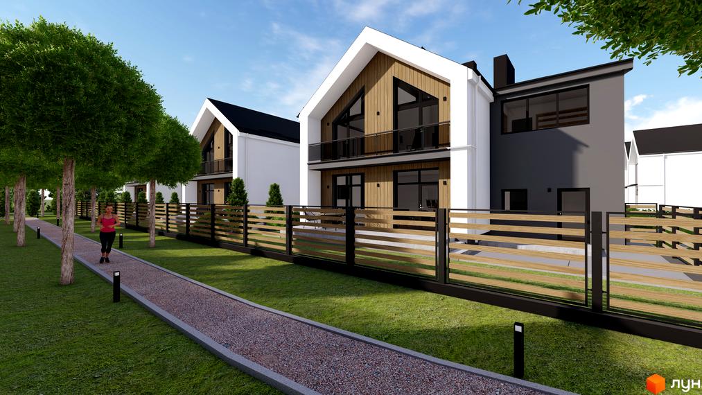 Котеджне містечко КМ GREEN WALL з білою та дерев'яною обшивкою фасадів, розташоване біля зеленої зони з доріжкою для бігу та парканом.
