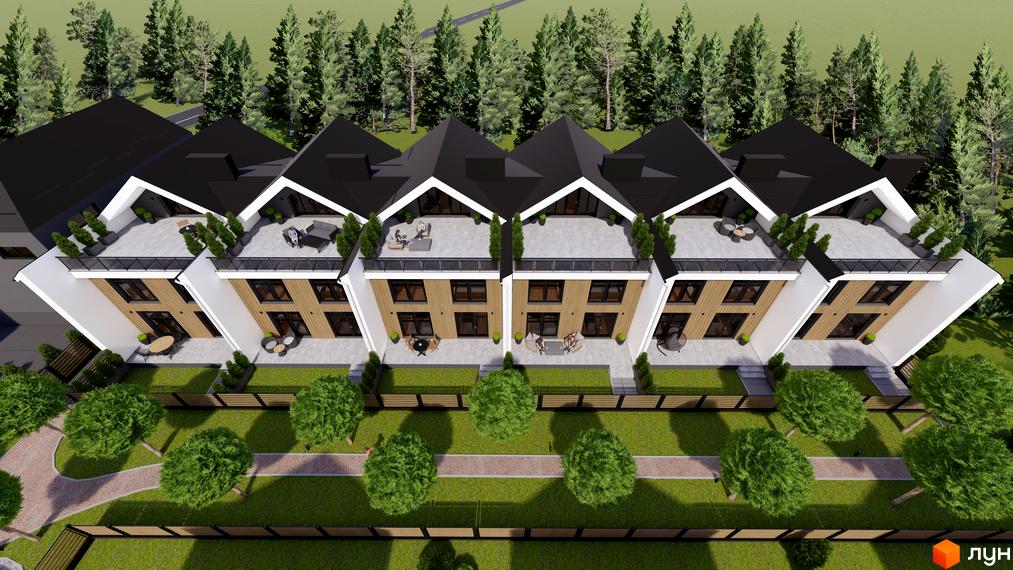 Зовнішній вигляд котеджного містечка КМ GREEN WALL з терасами та зеленими насадженнями. Огляд прибудинкової території з доріжками та деревами.