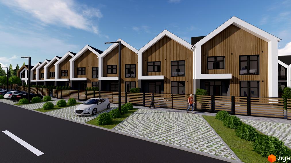 Котеджне містечко КМ GREEN WALL з дерев'яним фасадом та білими елементами. На прибудинковій території розташовані паркомісця та зелені насадження.