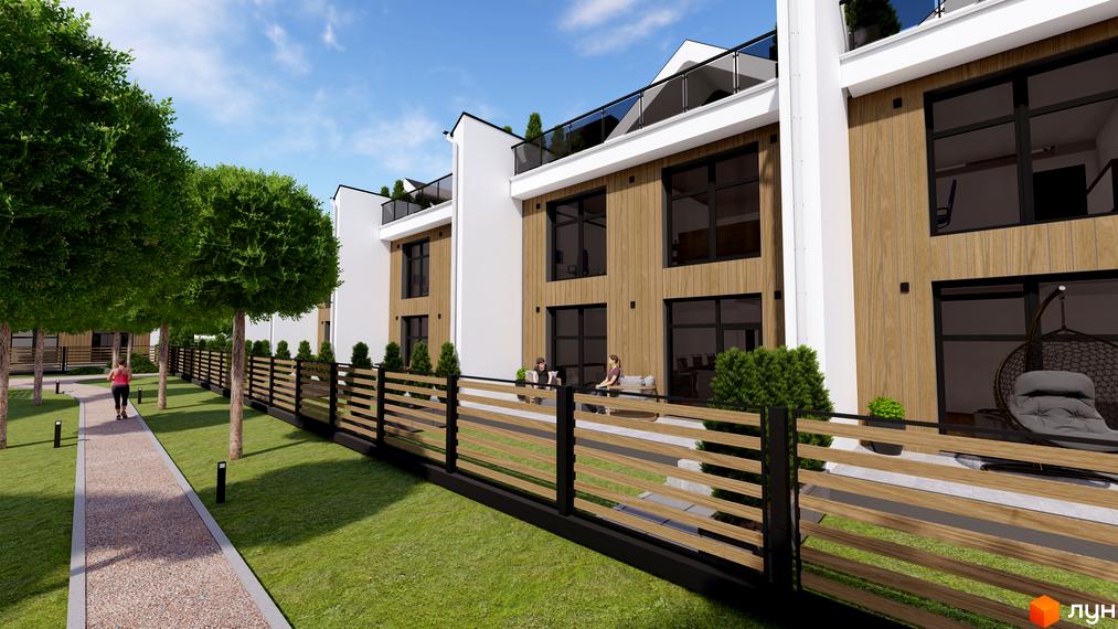 Котеджне містечко КМ GREEN WALL з дерев'яними фасадами та великими вікнами, з доглянутою зеленою територією та пішохідною доріжкою.