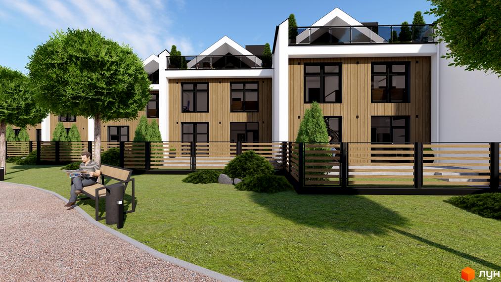 Котеджне містечко GREEN WALL: фасади з дерев'яною обшивкою та великими вікнами, зелена галявина з лавкою та парканом.