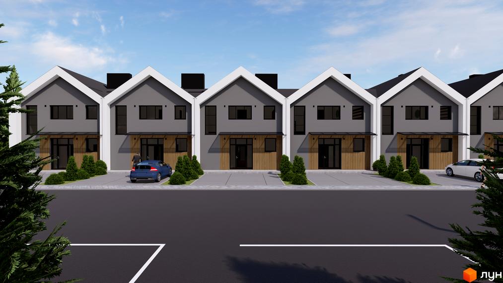 Котеджне містечко КМ GREEN WALL. Фасад будівель виконаний у сірих тонах з білими елементами та дерев'яними вставками. Перед будинками розташовані доглянуті зелені насадження та паркувальні місця.