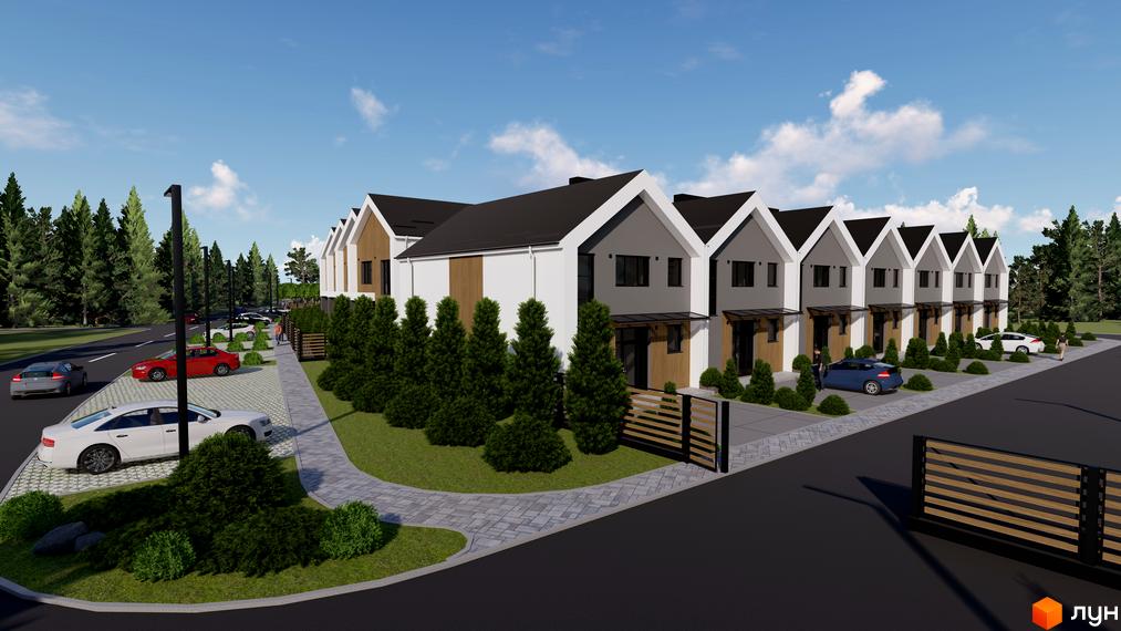 Котеджне містечко GREEN WALL: фасади будинків з двосхилими дахами та дерев'яними елементами, прибудинкова територія з парковкою та зеленими насадженнями.