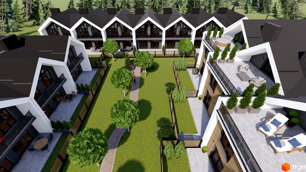 Котеджне містечко КМ GREEN WALL. Зовнішній вигляд будинків та зелена прибудинкова територія з зонами відпочинку.