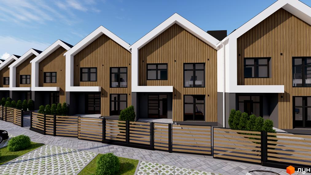 Котеджне містечко GREEN WALL: фасади будинків з дерев'яним оздобленням та білими акцентами, огороджена територія з парканом та озелененням.