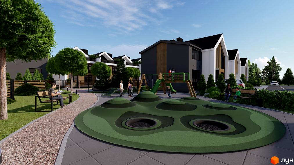 Котеджне містечко КМ GREEN WALL з дитячим майданчиком та зонами відпочинку. Сучасна архітектура будинків та доглянута прибудинкова територія.