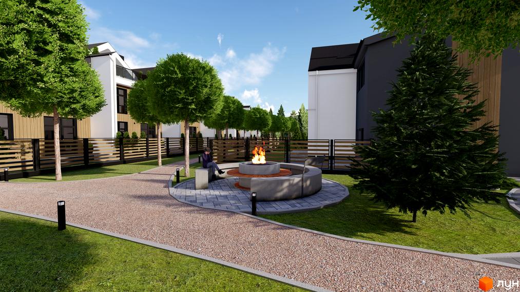 Котеджне містечко GREEN WALL: фасади будинків з дерев'яними елементами та зона відпочинку з вогнищем. Прибудинкова територія з доріжками та озелененням.