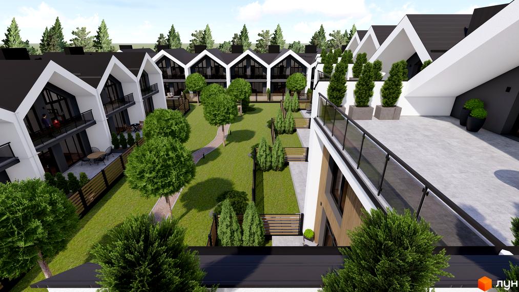 Котеджне містечко GREEN WALL: фасади будинків з великими вікнами та чорними дахами, зелена прибудинкова територія з деревами та доріжками.