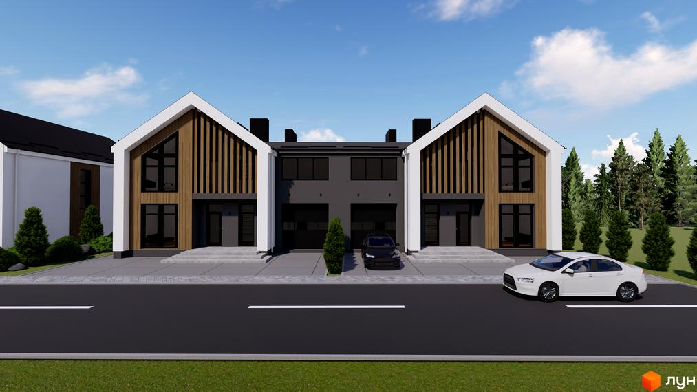 Котеджне містечко GREEN WALL: фасади будинків з дерев'яними елементами та панорамними вікнами, прибудинкова територія з дорогою та автомобілями.