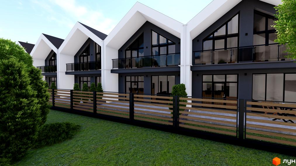 Котеджне містечко КМ GREEN WALL з сучасними фасадами та великими вікнами, огороджене дерев'яним парканом з доглянутим газоном.