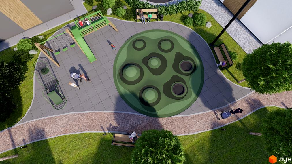 Котеджне містечко GREEN WALL: дитячий майданчик з гойдалками та гіркою, зона відпочинку з лавками та зелені насадження.