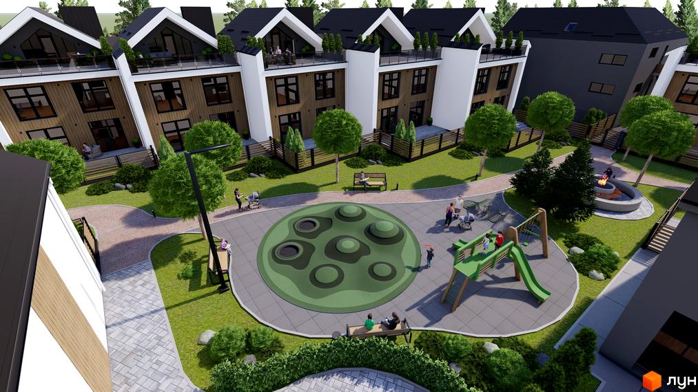 Котеджне містечко КМ GREEN WALL. Зовнішній вигляд будинків з терасами та дитячий майданчик з гіркою та гойдалками.