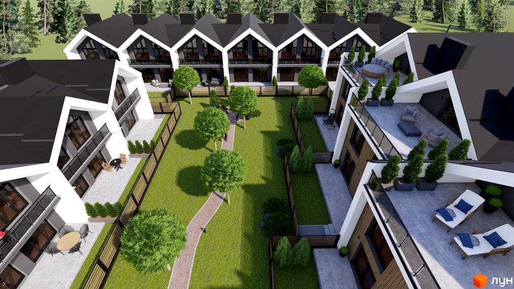 Котеджне містечко КМ GREEN WALL. Зовнішній вигляд будинків з чорними дахами та білими стінами, зелена прибудинкова територія з деревами та доріжками.