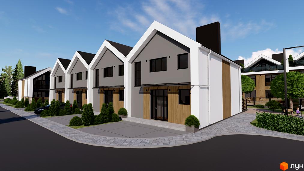 Котеджне містечко КМ GREEN WALL: фасади будинків з сірими та дерев'яними елементами, вікна, двері, прибудинкова територія з деревами та доріжками.