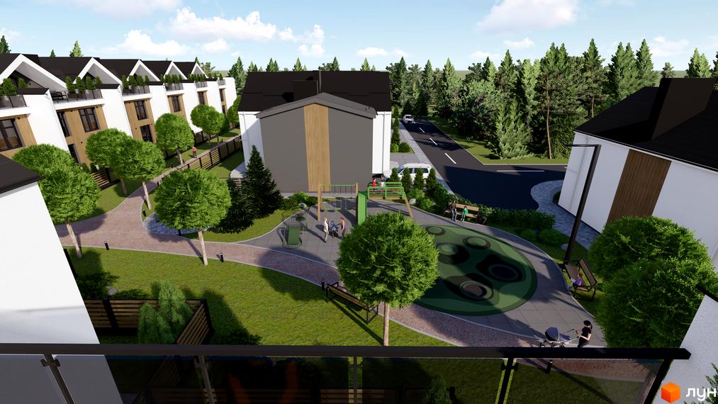 Котеджне містечко КМ GREEN WALL з білими фасадами та чорними дахами, дитячим майданчиком та зеленими насадженнями. Огляд новобудови з висоти пташиного польоту.