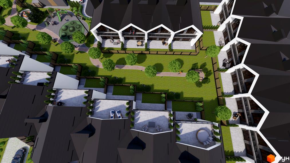 Котеджне містечко GREEN WALL: вид зверху на будинки з трикутними дахами та прибудинкову територію з дитячим майданчиком та зеленими зонами.