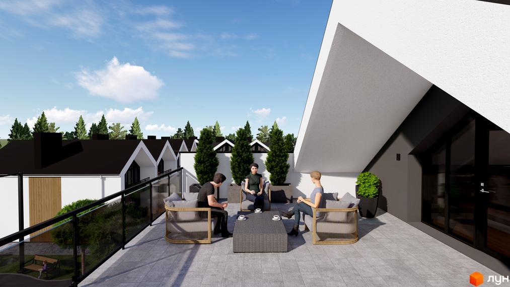 КМ GREEN WALL: Тераса з меблями та людьми на фоні сучасних будинків з чорними дахами. Зелені дерева та блакитне небо.