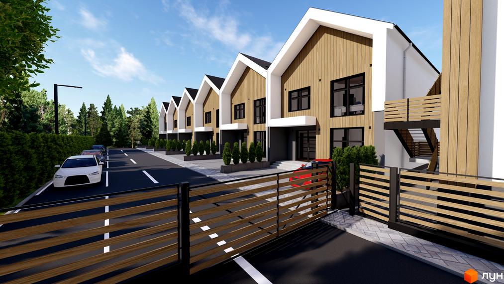 Котеджне містечко КМ GREEN WALL з дерев'яними фасадами та білими елементами. Перед будинками розташована доглянута прибудинкова територія з зеленими насадженнями та парканом.